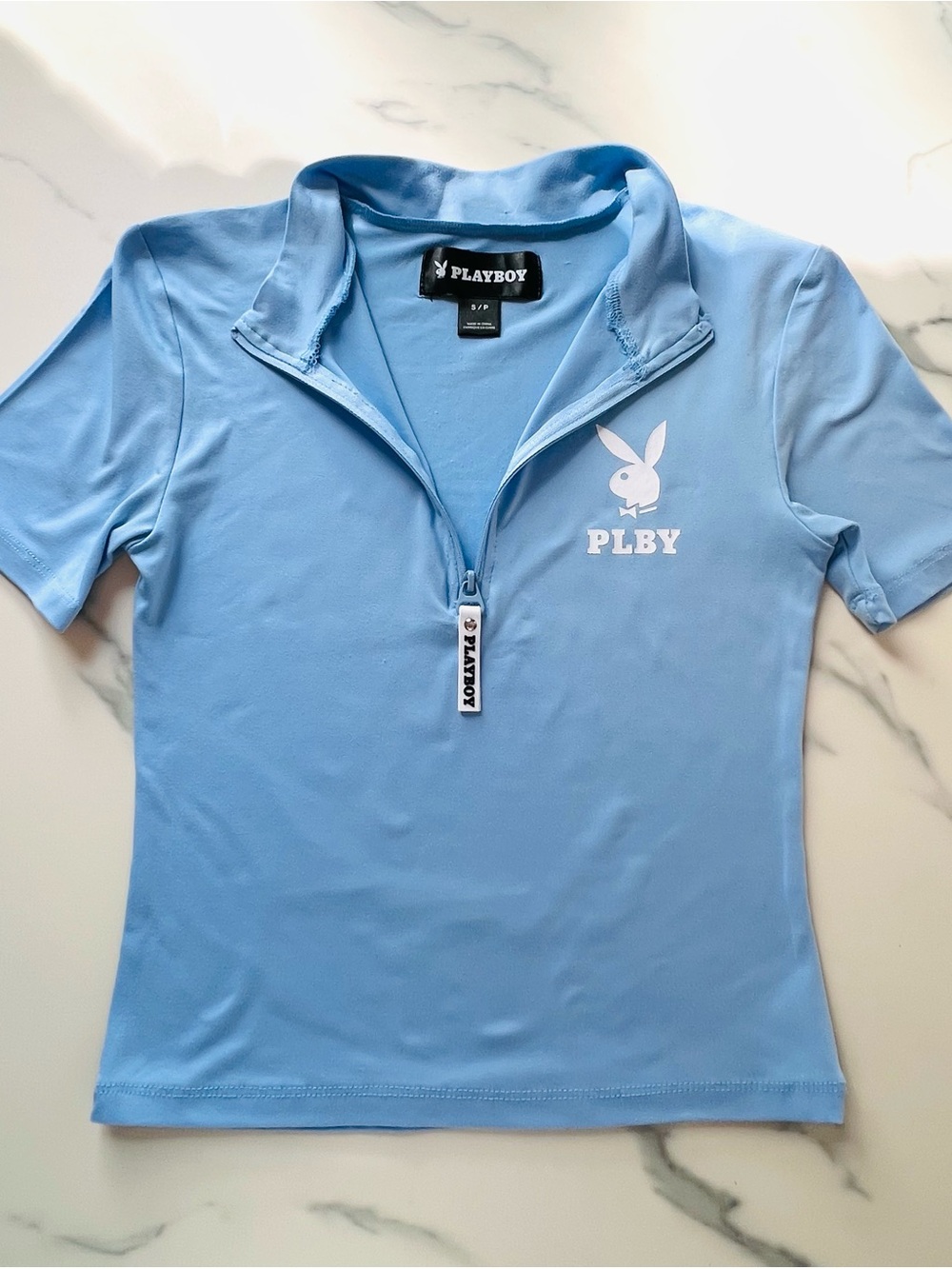 Playboy Baby Blue Short Sleeve Zip-up Mock Neck Short Sleeve Crop Top PLBY